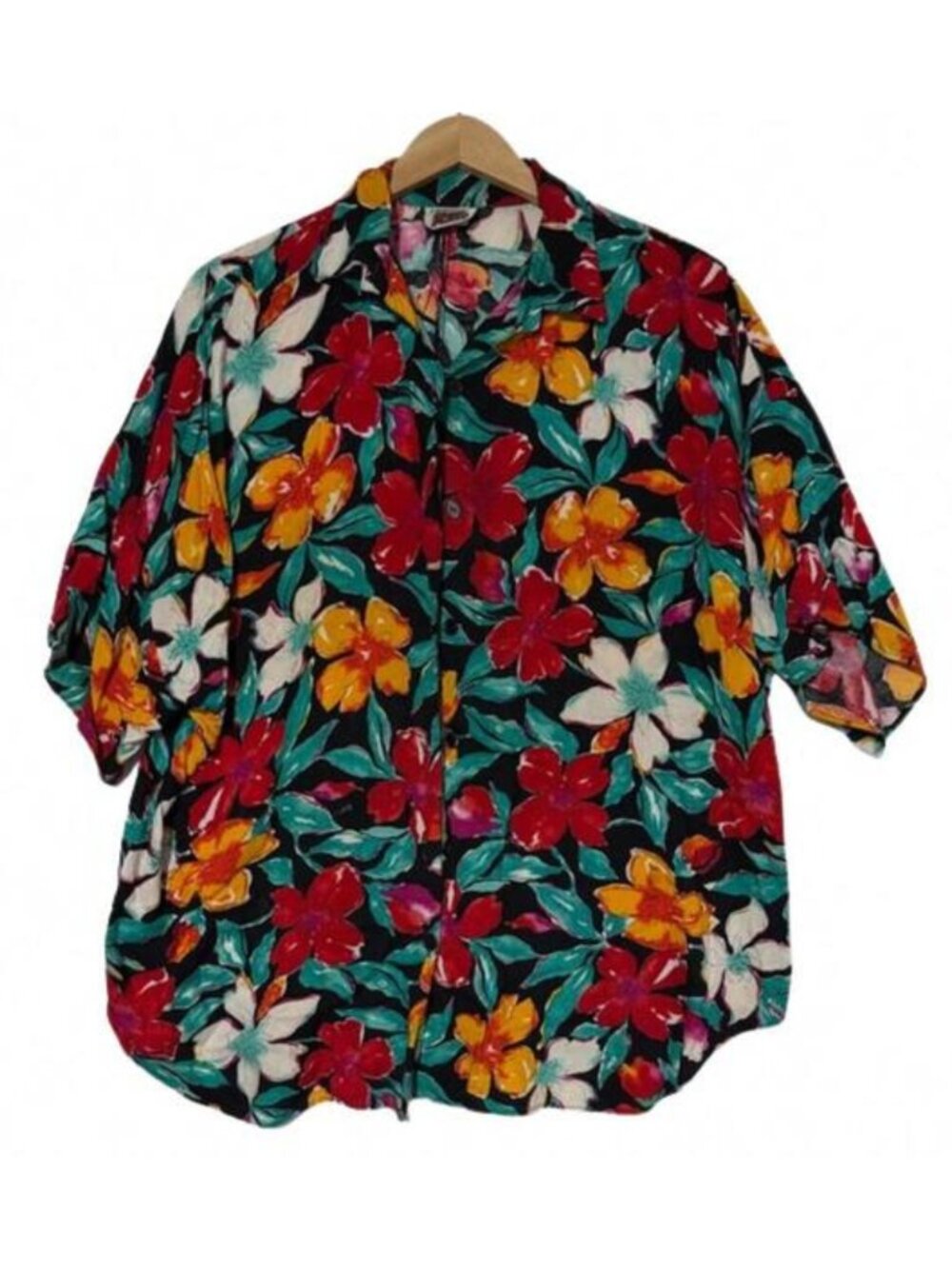 California Krush Vintage 90s Tropical Floral Rayon Button Down Shirt Men XL USA